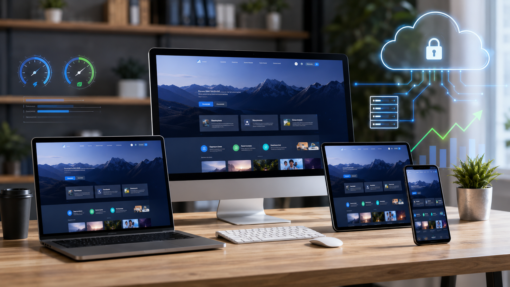 Futuristic tech workspace with analytics visuals