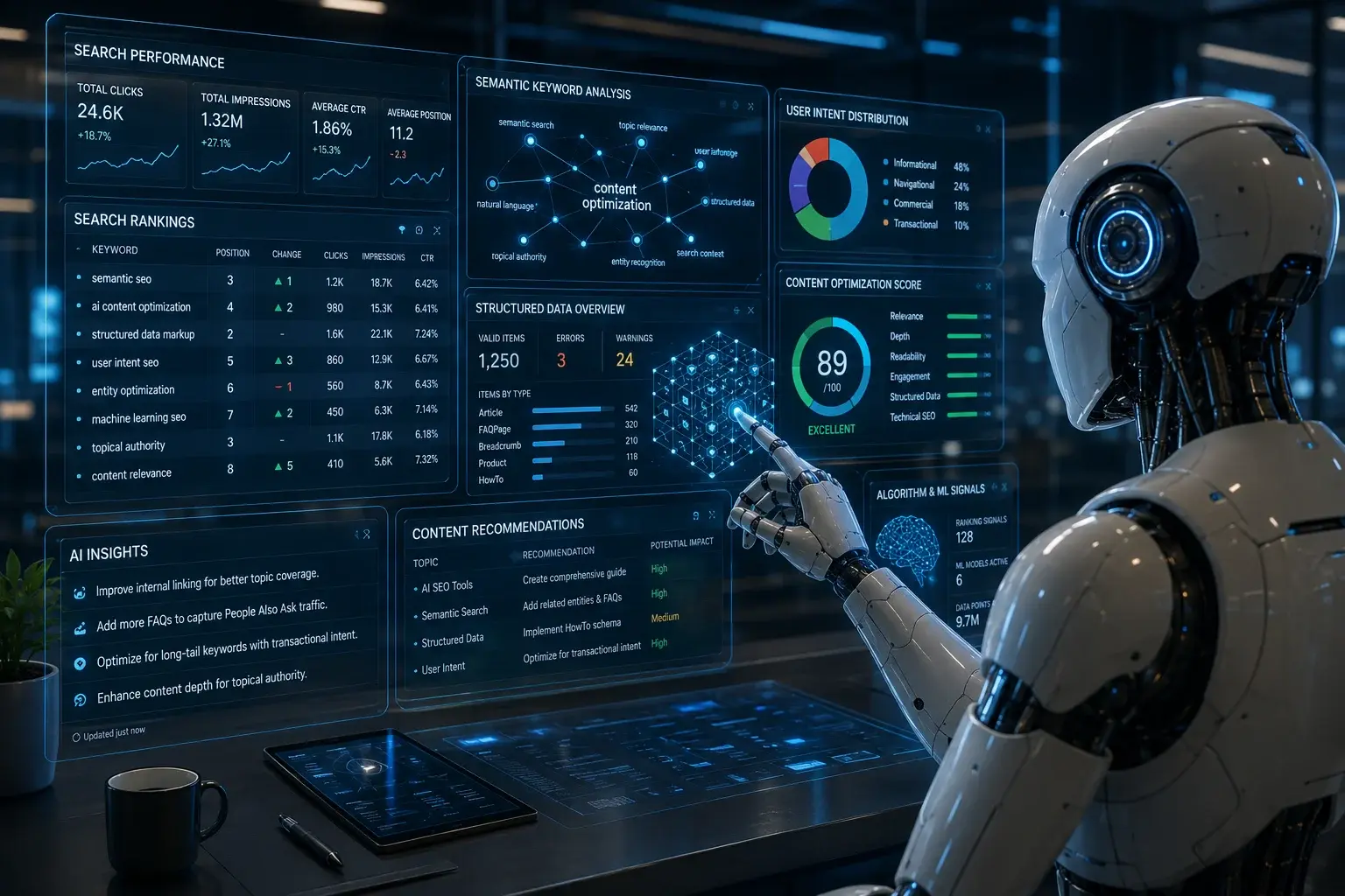 Robot Navigates a Holographic SEO Dashboard