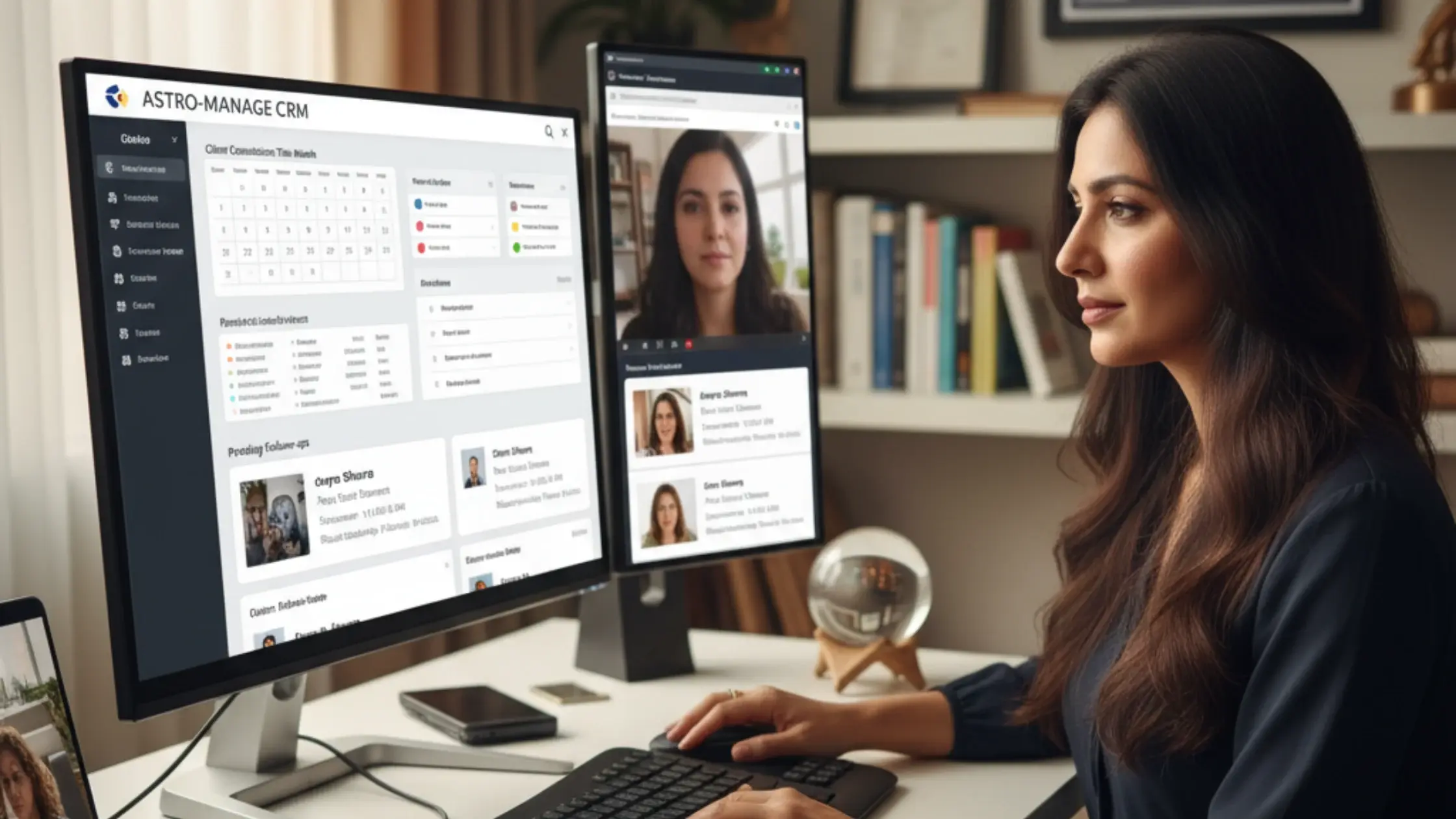 Astrologer using digital dashboard and CRM system to manage online astrology consultations efficiently