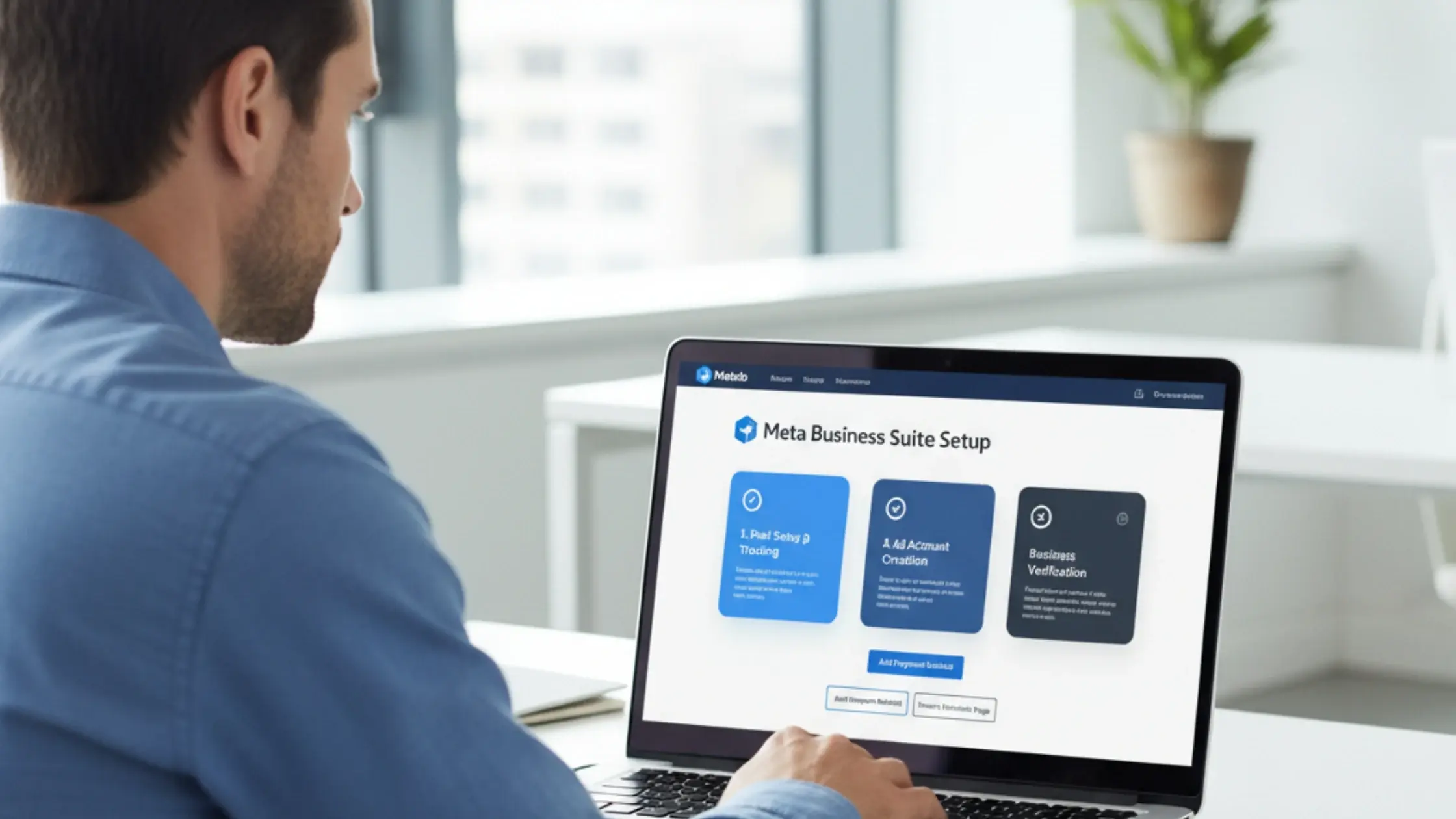 Business professional setting up Meta Business Suite account and ad manager dashboard on a laptop for digital marketing campaigns