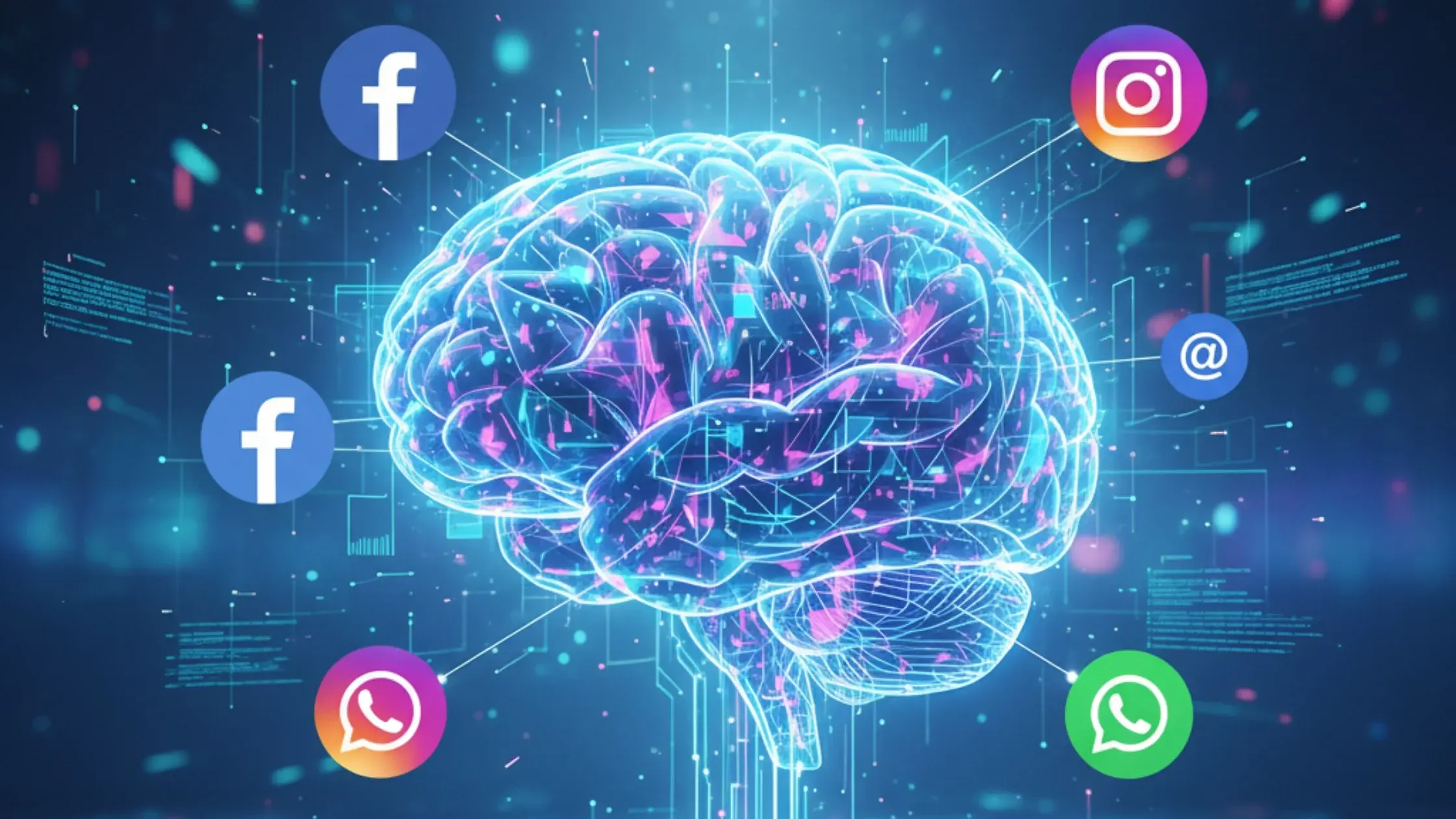 Concept illustration of Meta Advantage Plus automation using AI and machine learning to manage Facebook and Instagram ad campaigns