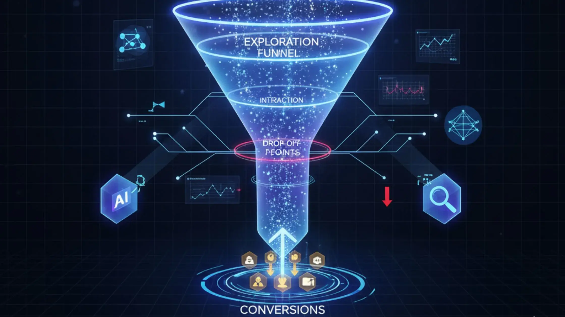 Conversion funnel visualization showing user journey stages with AI analyzing performance-1