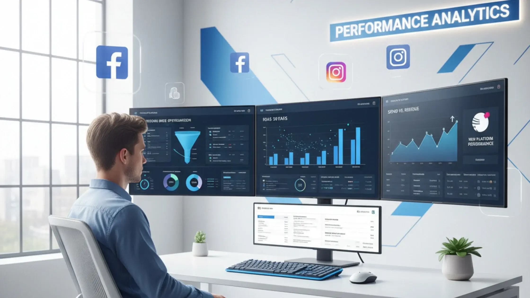 Digital marketer analyzing Meta Ads 2025 performance dashboard with graphs and social media analytics on multiple screens in a modern office